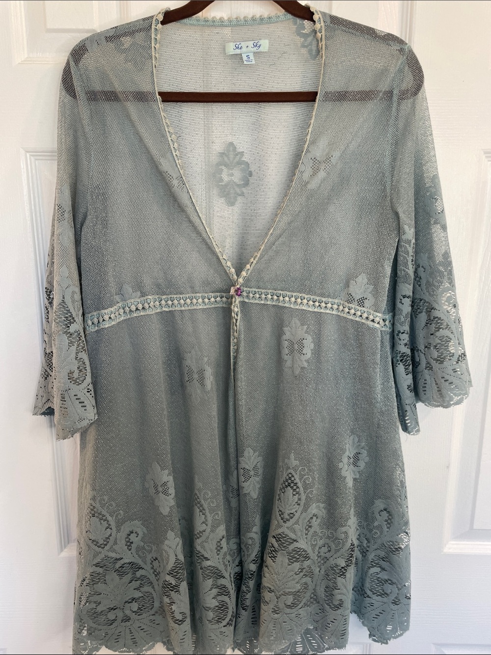SHE + SKY OPEN FRONT SAGE GREEN SHEER FLORAL LACE KIMONO DUSTER BEACH COVERUP S